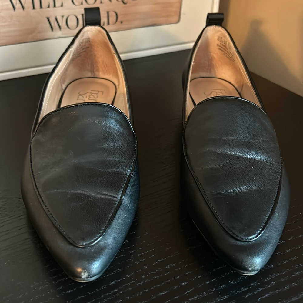 Franco Sarto Studio Leather Loafers in black.  Lightly worn - see toe scuff.